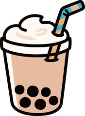 Cute cartoon brown sugar bubble milk tea with cream and striped straw, sweet dessert drink vector illustration