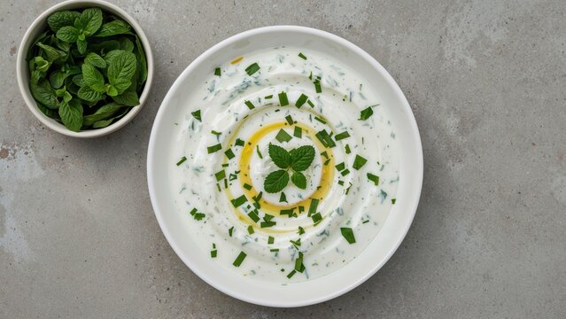 Classic cucumber and herb yogurt dip on a minimalist gray surface, top-down perspective. Authentic Mediterranean tzatziki served in a white dish. Premium image quality