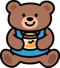 Adorable cartoon teddy bear holding a jar of honey, cute and happy plush toy character vector illustration
