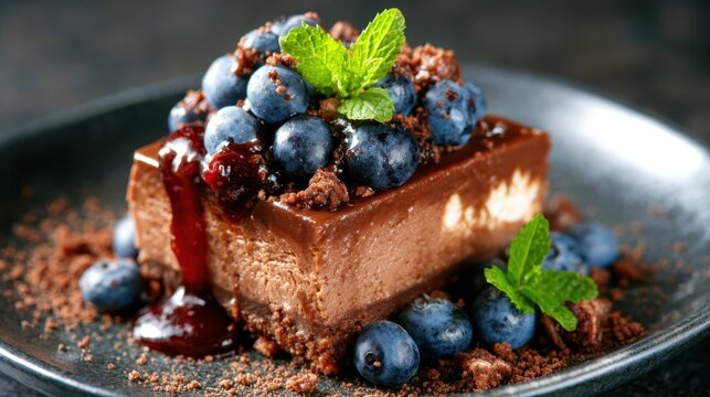 A tantalizing image of a decadent chocolate cake layered with blueberries and garnished with mint, showcasing absolute indulgence for dessert lovers and sweet enthusiasts alike.