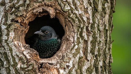 Obraz premium Birdwatching moment featuring a starling looking out from a tree hollow
