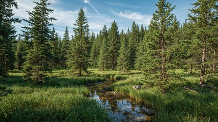 New growth in a coniferous woodland post-rain