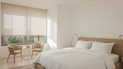 Fototapeta premium Warm and stylish bedroom boasting large glass panes and up-to-date furniture