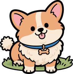 Cute cartoon Corgi puppy dog sitting in the grass with a happy face, adorable pet illustration