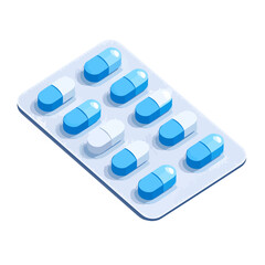 Isometric blister pack with ten two-tone blue and white medicinal capsules.