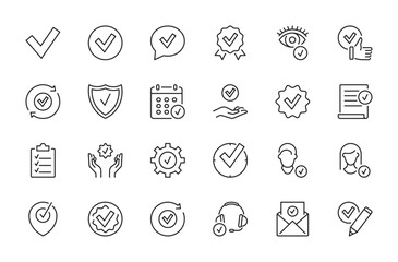 Check mark icon set. Check, validate, verification, done, support, complete, give permission, correct, evaluate, check point, tick, warranty, identification, approval, confirm. Vector illustration.