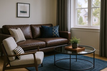 Fototapeta premium Comfortable Living Room Scene Featuring a Brown Leather Sofa, Accent Chair, Coffee Table with Plant, and Window View