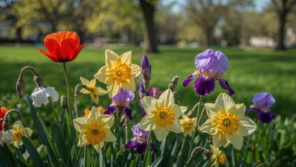 Bright multicolored flowers in a natural setting close-up
