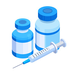 Isometric illustration of two blue vaccine vials and a syringe. A medical vaccination kit with medicine bottles and a hypodermic needle for injection.