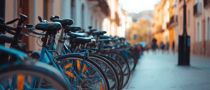 AI generator images of Row of bicycles parked in a bike rack, Vibrant bikes aligned in the city , Outdoor cycling haven colorful bicycles lined up