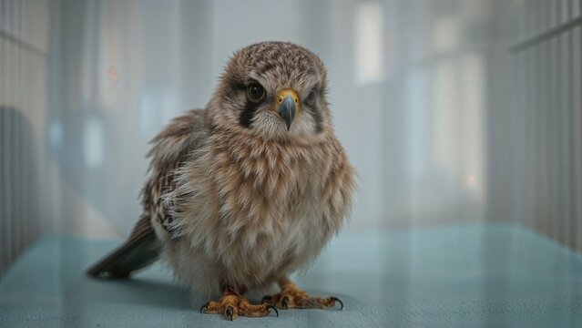 Fluffy young falcon with wounded foot resting in a contact zoo cage. - Powered by Adobe
