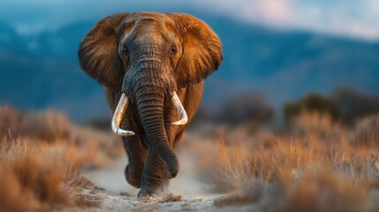 Naklejka premium A striking close-up view of an elephant walking gracefully across a serene savanna, showcasing its grandeur and the natural beauty of the environment surrounding it.