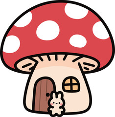 Cute cartoon mushroom house with a happy bunny, fairytale forest dwelling vector illustration