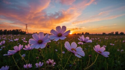 Fototapeta premium Evening glow highlights blooming cosmos flowers