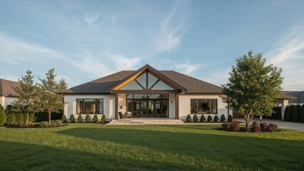 Custom-designed house showcasing a tidy front lawn and landscaping in a residential area during sunny weather.