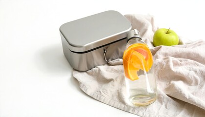 Healthy Lunch Prep Still Life: Metal Box, Infused Water, Apple