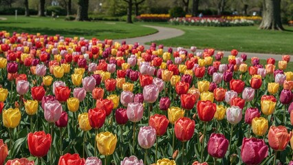 A stunning display of multicolored tulips in a renowned flowerbed