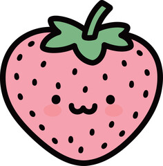Cute cartoon strawberry fruit with a smiling face, sweet and happy berry character vector illustration