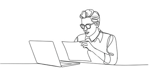 Man working at laptop continuous line drawing illustration