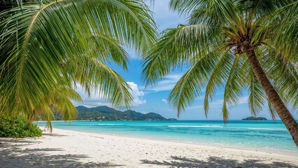 Fototapeta premium Scenic beach vista showcasing vibrant palm trees and pristine white sands.