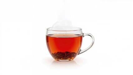 Glass filled with warm aromatic tea placed on a white surface