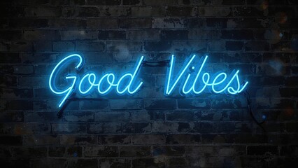 Blue Neon Sign Emitting Positive Energy on a Dark Brick Background