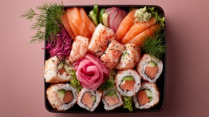 Healthy bento box featuring colorful sushi rolls, fresh vegetables, and vibrant fish arranged beautifully for a nutritious meal