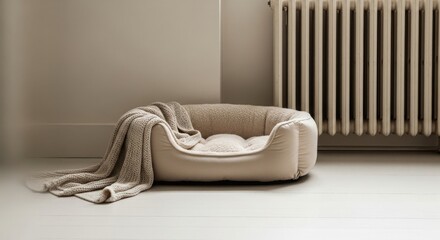 A cozy pet bed with a soft blanket, placed on a light wooden floor near a white radiator. The room has a minimalist design and neutral colors.