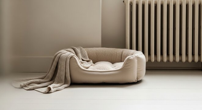 A cozy pet bed with a soft blanket, placed on a light wooden floor near a white radiator. The room has a minimalist design and neutral colors.