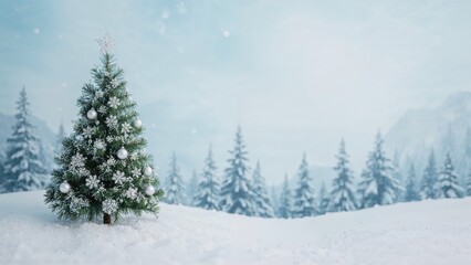 Fototapeta premium Compact Christmas tree shown frontally with a blue and white background