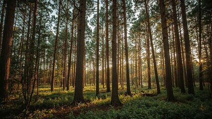 Fototapeta premium Beautiful sunlight shining through high forest trees