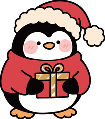 Cute penguin cartoon character wearing a Santa hat and a red sweater, holding a beautifully wrapped Christmas gift.