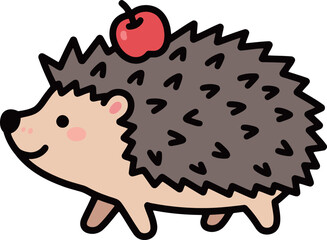Adorable hedgehog cartoon illustration with a red cherry on its back, a cute and cheerful forest animal.