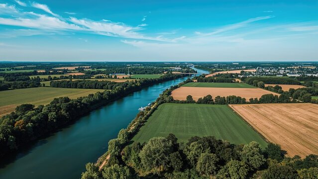 Captivating top-down perspective of peaceful river flowing through fertile farmland in a northern district