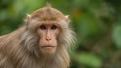 Detailed close-up of a Long Tail Macaque monkey showing a facial scratch against a lush green backdrop