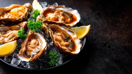 An appetizing display of fresh oysters on a bed of ice, adorned with lemon slices for a gourmet touch, perfect for culinary themes and showcasing delicacies from the ocean.