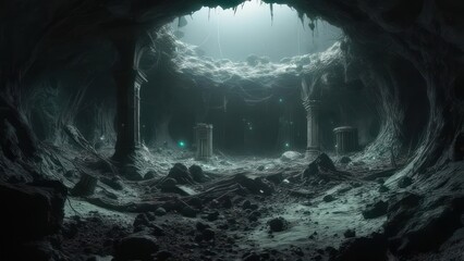 Dark, ancient cave with pillars