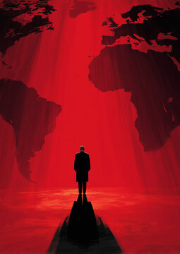 A country or world leader, premier or president stands with his back to us looking at a version of the global map. Portrait, vertical 5:7 with copy space