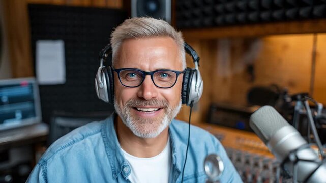 Smiling podcast host in studio with headphones on, ready to record and engage his audience with insightful conversation and storytelling.