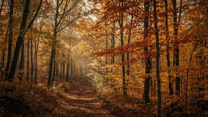 Fototapeta premium Forest Trail Surrounded by Yellow Fall Trees