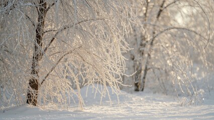 Fototapeta premium Frozen twigs dusted with snow featuring shallow focus