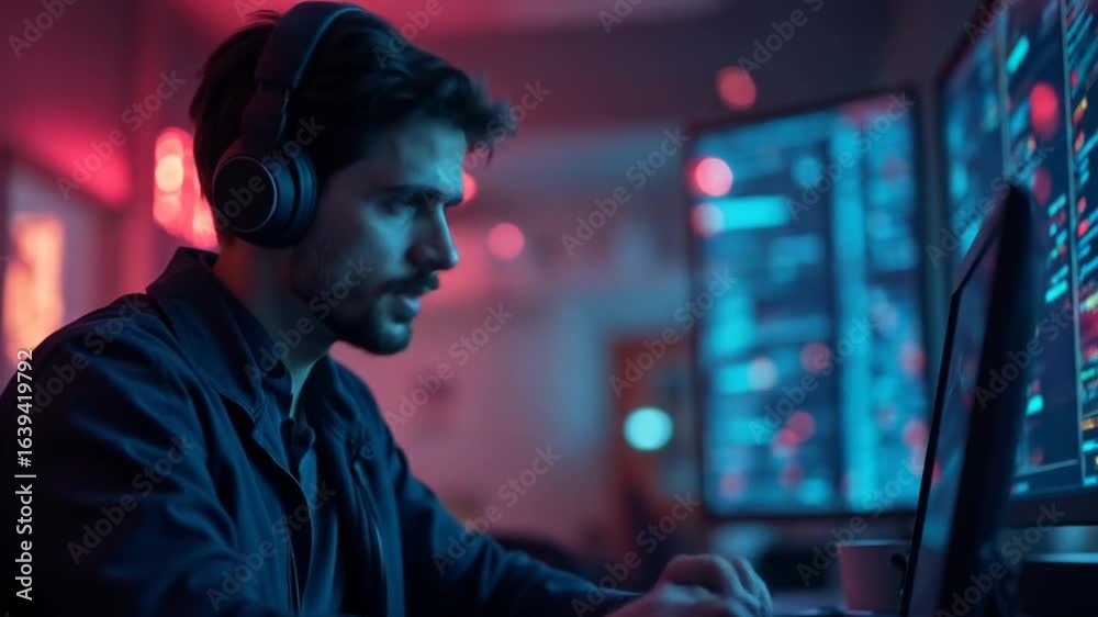 Wall mural focused developer working on data analysis with multiple monitors setup