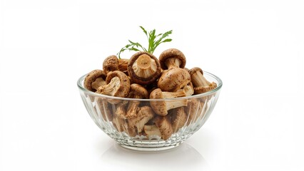 Glass container showcasing marinated mushrooms on a white surface with clipping path.