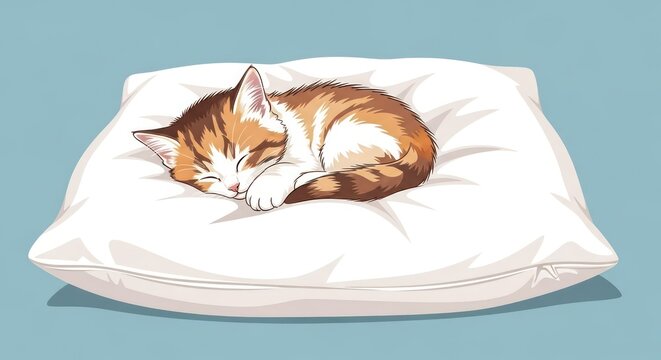 Stylized Calico Kitten Dreaming Peacefully on a Fluffy White Pillow - Powered by Adobe