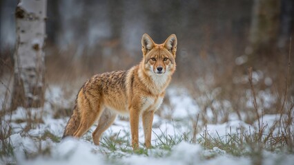 Obraz premium Winter scene with a golden jackal (Canis aureus) posing near a forest, gazing towards the viewer in a southeastern European landscape