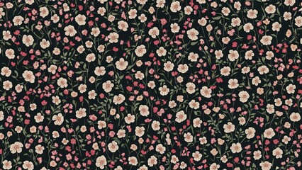 Vibrant seamless design featuring small blooming flowers and meadow blooms on a dark background, ideal for textiles, wallpapers, and prints.