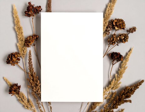 Blank white card surrounded by dried fall flowers