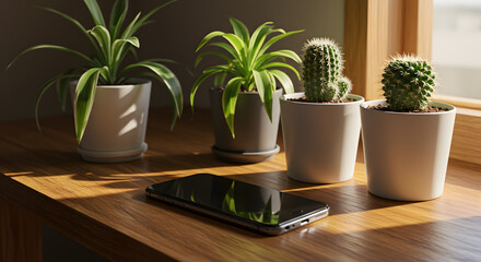 Fototapeta premium A serene composition with indoor plants and a smartphone basking in gentle sunlight on a wooden surface, creating a harmonious blend of nature and technology in a tranquil setting