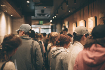 Queue of people at a coffee shop with a modern interior