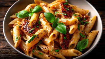 A mouth-watering bowl of penne pasta topped with succulent pieces of chicken and fresh herbs reveals the artistry of culinary delights and the joy of sharing delicious moments.